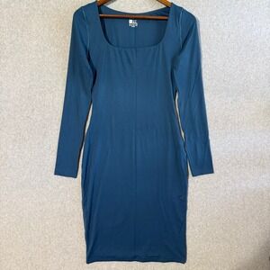 HYZ Bodycon Dress Minimalist Large Teal Blue Excellent Long Sleeve Square Neck